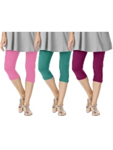 Picture of RUBY BRAND Cotton Capri Leggings Pack of 3 Colours Pink, Turquoise Green and Magenta Free Size