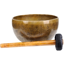 Picture of Tibetan Singing Bowl with Image of Lotus Flowers Inside - Brass and Wood Statue