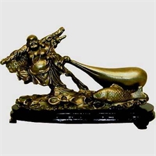 Picture of Solid Brass Buddha Pulling Sack on Wooden Base