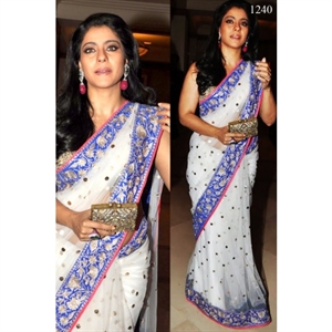 Picture of Bollywood Heroin Kajol White-Net & Blue Border Saree BWR144