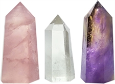 Picture of Set of 3 Healing Stone Wands of 3 Crystals, Rose Quartz, Clear Quartz, Amethyst, Pointed & Faceted Prism Bars for Reiki Chakra Meditation Therapy Deco